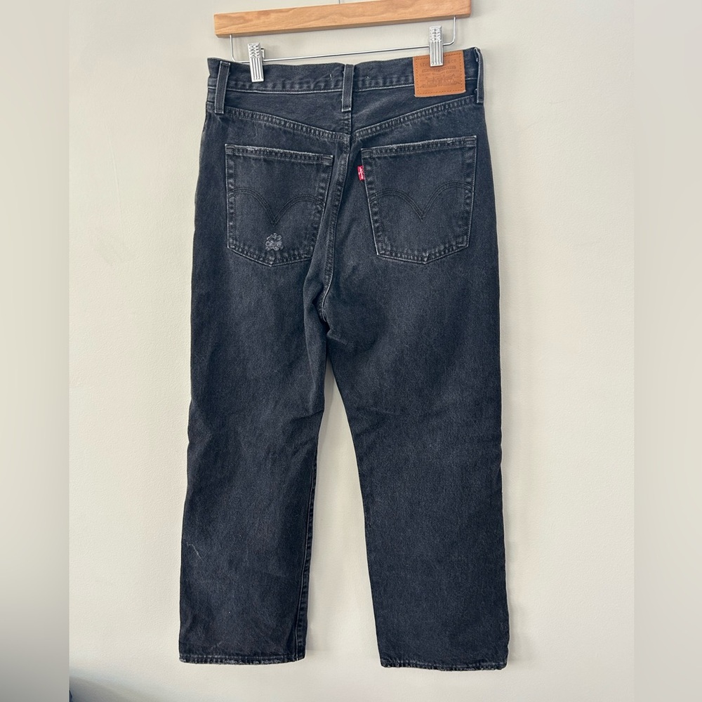 Levis Black Distressed Ribcage High Rise Straight Leg Streetwear Casual Jeans - Picture 6 of 7